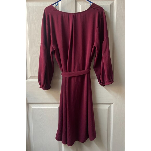 A New Day Dress WomesPlus XXL Burgundy Knee Length V Neck Bishop Sleeves Tie - Picture 3 of 10